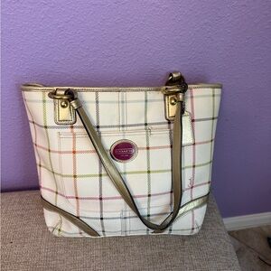 Coach Plaid Tattersall Tote with Gold leather handles